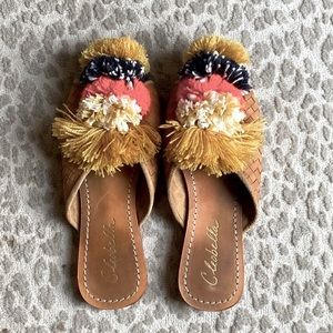 Cleobella Handmade Pom Pom Leather Multicolored Sandal Slides, size 38/US 8